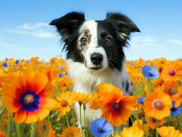 Curious dog exploring a field of blooming wildflower AI Generative photo