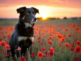 Curious dog exploring a field of blooming wildflower AI Generative photo