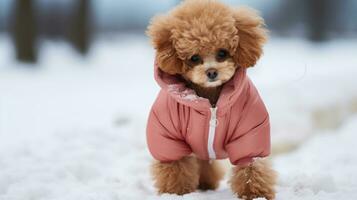 Cute fluffy poodle dog wearing warm winter clothes and walking outdoors in snowy windy weather ai generated photo