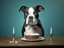 Adorable dog posing with a birthday cake at a celebration AI Generative photo