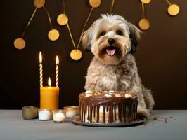 Adorable dog posing with a birthday cake at a celebration AI Generative photo