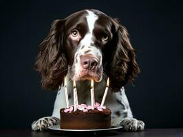 Adorable dog posing with a birthday cake at a celebration AI Generative photo