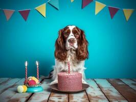 Adorable dog posing with a birthday cake at a celebration AI Generative photo