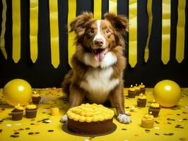 Adorable dog posing with a birthday cake at a celebration AI Generative photo