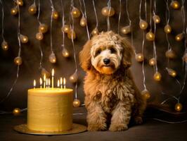 Adorable dog posing with a birthday cake at a celebration AI Generative photo