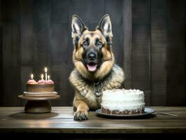 adorable perro posando con un cumpleaños pastel a un celebracion ai generativo foto