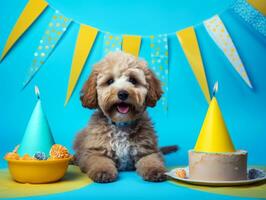 Adorable dog posing with a birthday cake at a celebration AI Generative photo