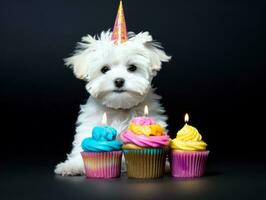 Adorable dog posing with a birthday cake at a celebration AI Generative photo