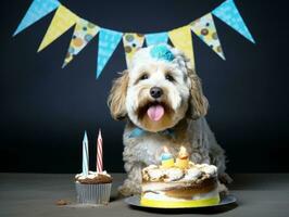 adorable perro posando con un cumpleaños pastel a un celebracion ai generativo foto