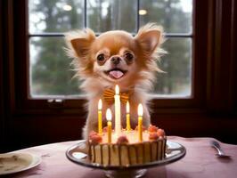 adorable perro posando con un cumpleaños pastel a un celebracion ai generativo foto