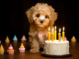 Adorable dog posing with a birthday cake at a celebration AI Generative photo