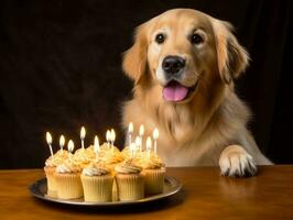 adorable perro posando con un cumpleaños pastel a un celebracion ai generativo foto