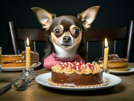 adorable perro posando con un cumpleaños pastel a un celebracion ai generativo foto