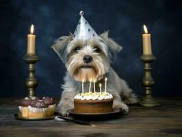 adorable perro posando con un cumpleaños pastel a un celebracion ai generativo foto