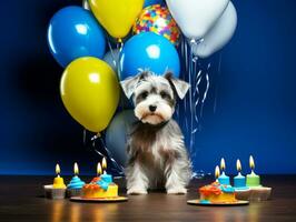 Adorable dog posing with a birthday cake at a celebration AI Generative photo