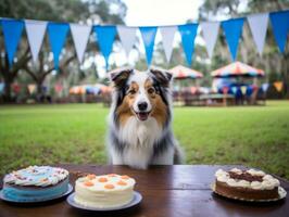 Adorable dog posing with a birthday cake at a celebration AI Generative photo