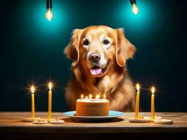 adorable perro posando con un cumpleaños pastel a un celebracion ai generativo foto