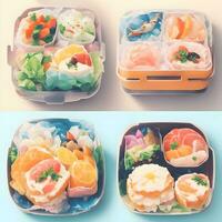 bento o japonés almuerzo caja, sano comida entrega concepto. tomar lejos tomar lejos tomar lejos cajas con vegetales y carne. foto