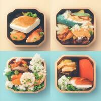 bento o japonés almuerzo caja, sano comida entrega concepto. tomar lejos tomar lejos tomar lejos cajas con vegetales y carne. foto