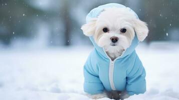 Cute fluffy dog wearing warm winter clothes and walking outdoors in snowy weather ai generated photo