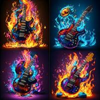 Skull playing electric guitar in fire flames on black background. Halloween concept. photo
