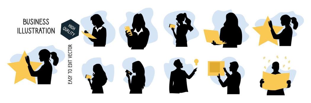 Set of vector illustrations of business people in a flat style. Workflow, teamwork, brainstorming, planning.