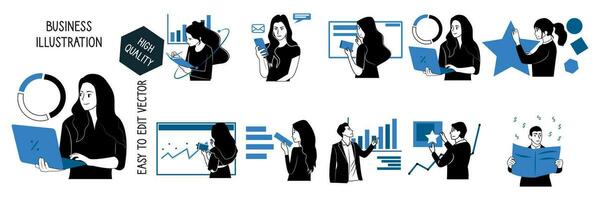 Set of vector illustrations of business people in a flat style. Workflow, teamwork, brainstorming, planning.