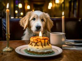 adorable perro posando con un cumpleaños pastel a un celebracion ai generativo foto