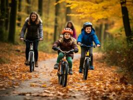 Family on bikes on a forest bike path AI Generative photo