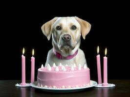 adorable perro posando con un cumpleaños pastel a un celebracion ai generativo foto