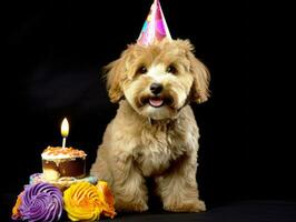 adorable perro posando con un cumpleaños pastel a un celebracion ai generativo foto