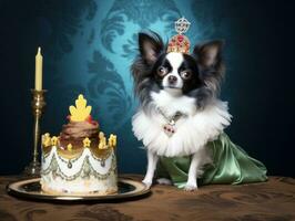 Adorable dog posing with a birthday cake at a celebration AI Generative photo