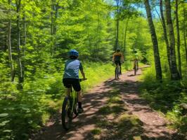 Family on bikes on a forest bike path AI Generative photo