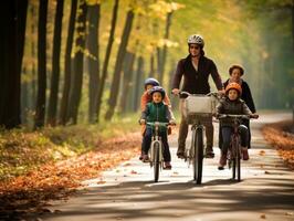 Family on bikes on a forest bike path AI Generative photo