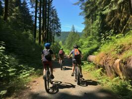 Family on bikes on a forest bike path AI Generative photo