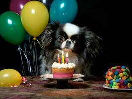 Adorable dog posing with a birthday cake at a celebration AI Generative photo