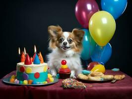 adorable perro posando con un cumpleaños pastel a un celebracion ai generativo foto