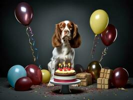 adorable perro posando con un cumpleaños pastel a un celebracion ai generativo foto