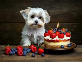 Adorable dog posing with a birthday cake at a celebration AI Generative photo