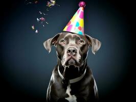 adorable perro posando con un cumpleaños pastel a un celebracion ai generativo foto