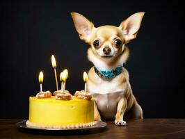 adorable perro posando con un cumpleaños pastel a un celebracion ai generativo foto