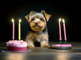 Adorable dog posing with a birthday cake at a celebration AI Generative photo