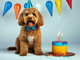 Adorable dog posing with a birthday cake at a celebration AI Generative photo