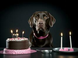 Adorable dog posing with a birthday cake at a celebration AI Generative photo