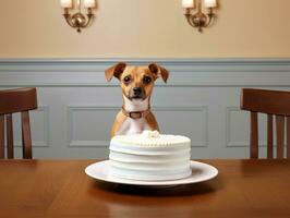 Adorable dog posing with a birthday cake at a celebration AI Generative photo