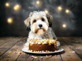 Adorable dog posing with a birthday cake at a celebration AI Generative photo