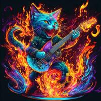 Cat playing electric guitar in fire flames with neon light. photo