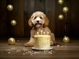 adorable perro posando con un cumpleaños pastel a un celebracion ai generativo foto