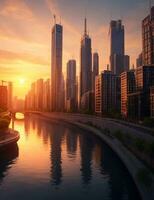 edificio ciudad y puesta de sol con río, ai generado foto