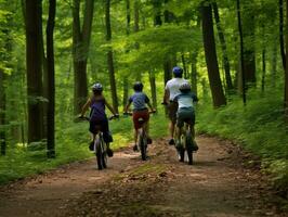 Family on bikes on a forest bike path AI Generative photo